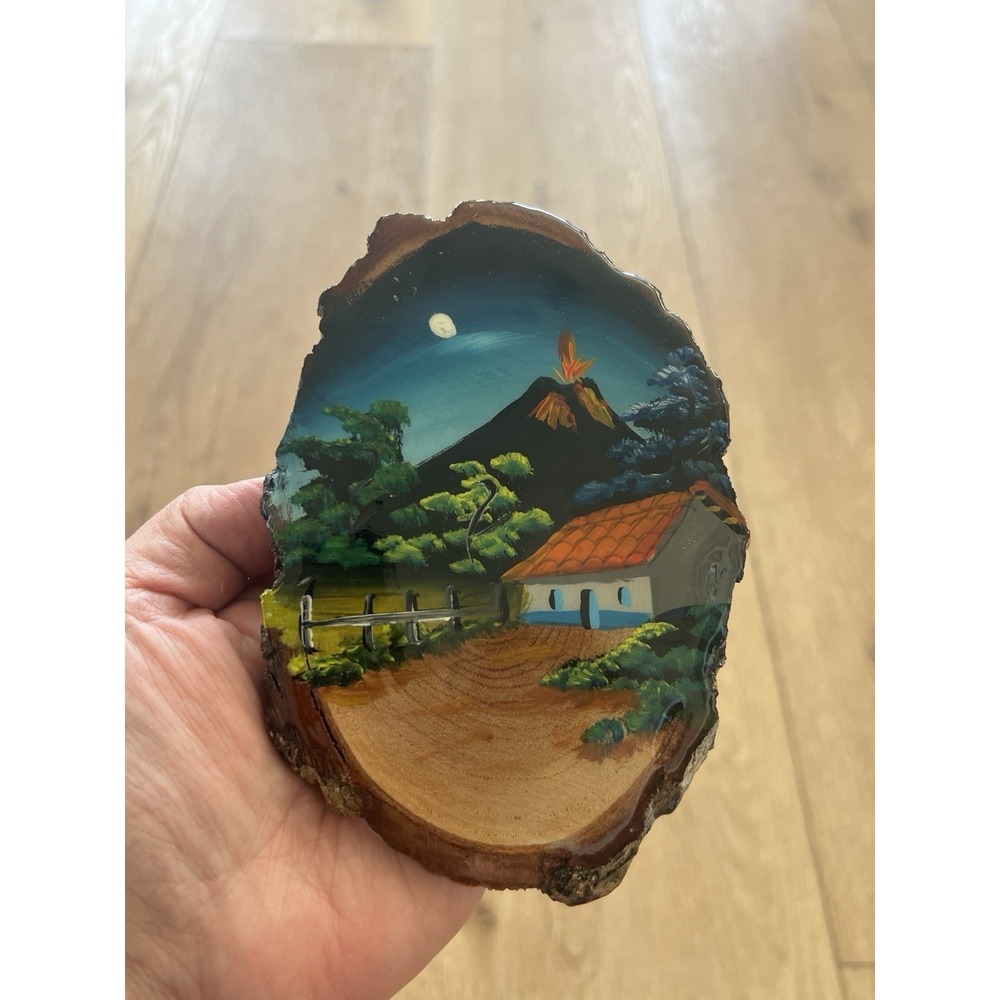 Vintage Hand Painted Wood Slab Mountain Cottage Painting Tree Slice Wall Art